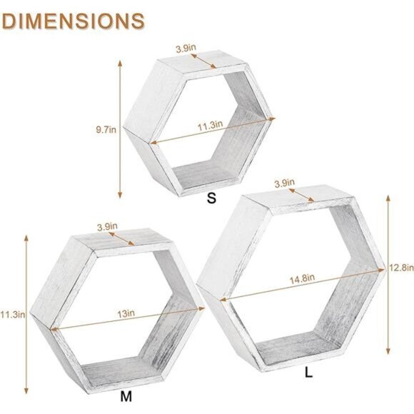 Hexagonal Floating Shelves Wall Mounted Set of 3 Wood Farmhouse Storage - Picture 4 of 5